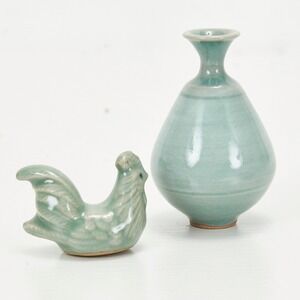 Celadon Glaze‎ Ceramic Mini Rooster and Vase Set Decorative Collectible Vintage